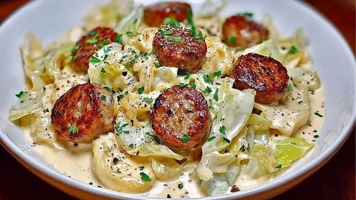 Keto TikTok Cajun Sausage Cabbage Alfredo served in a bowl with herbs