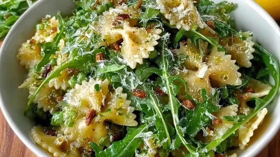 Lemon Arugula Pasta Salad with fresh ingredients in a bowl