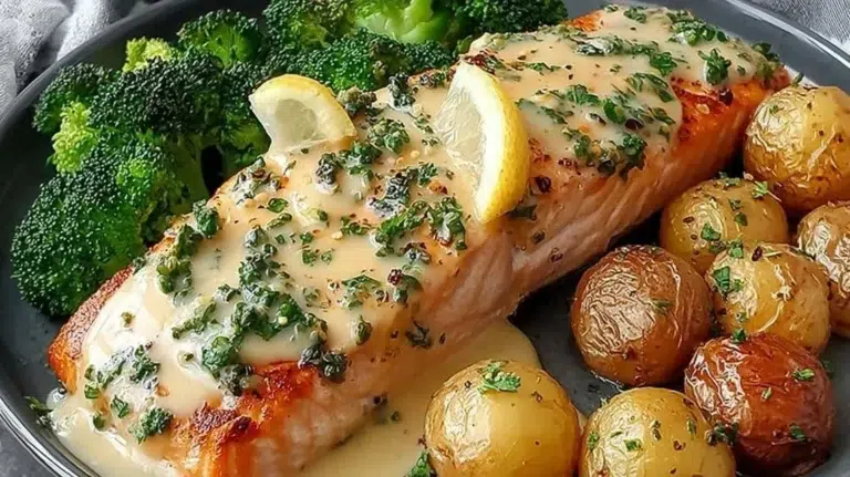 Lemon Butter Salmon served with crispy potatoes and broccoli on a plate