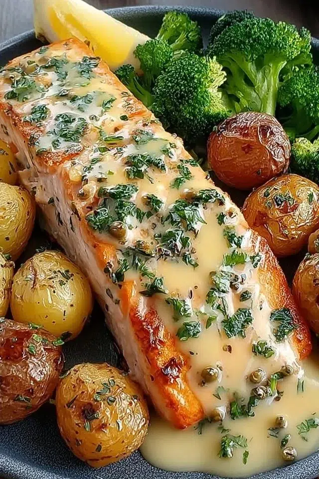 Lemon Butter Salmon with Crispy Potatoes and Broccoli