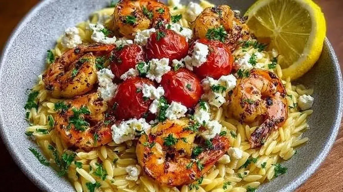 Delicious Lemon Feta Orzo Shrimp topped with herbs and lemon slices