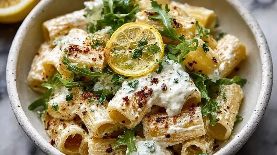Bowl of lemon ricotta pasta topped with arugula and lemon zest
