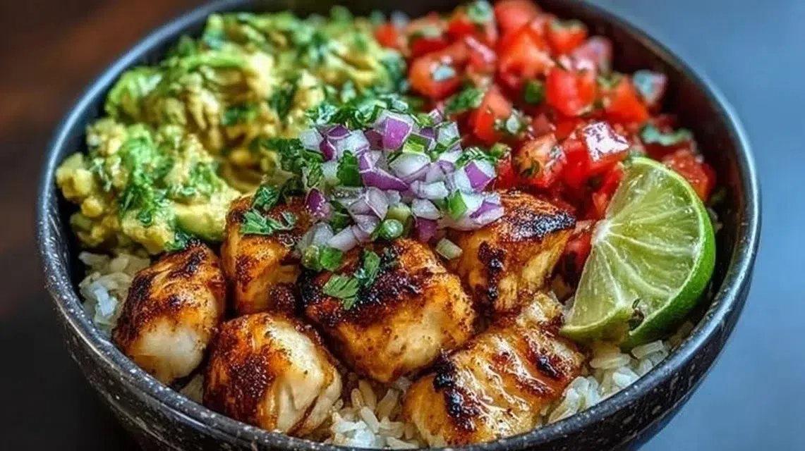 Low-carb fish taco bowls with fresh ingredients and vibrant toppings
