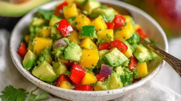 Colorful Mango Avocado Salad with fresh ingredients served in a bowl.
