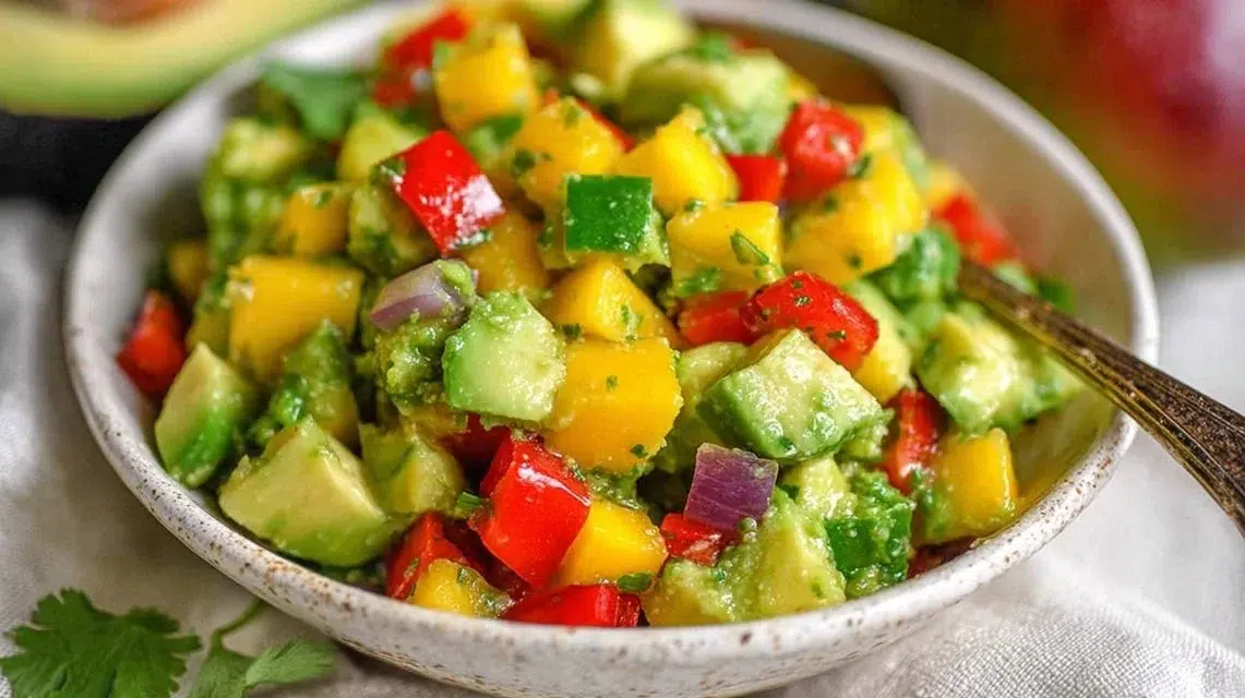 Colorful Mango Avocado Salad with fresh ingredients served in a bowl.