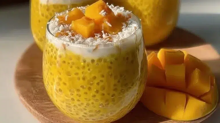 Delicious Mango Sago dessert pudding with fresh mangoes and sago pearls.