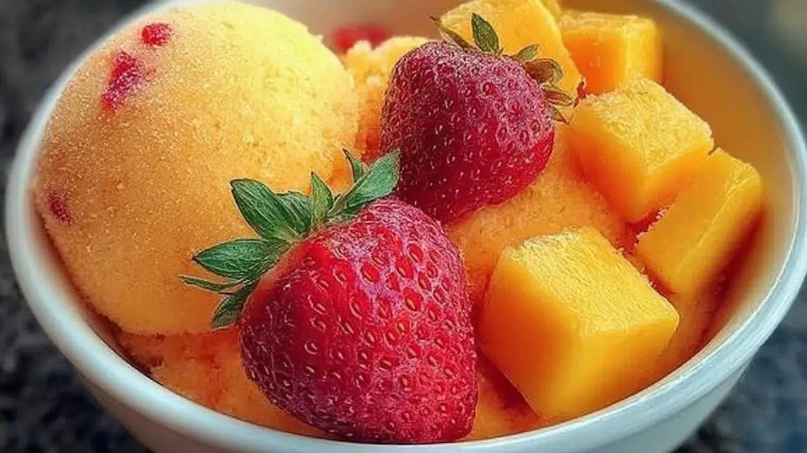 Delicious Mango Strawberry Sorbet served in a bowl with fresh fruit garnish