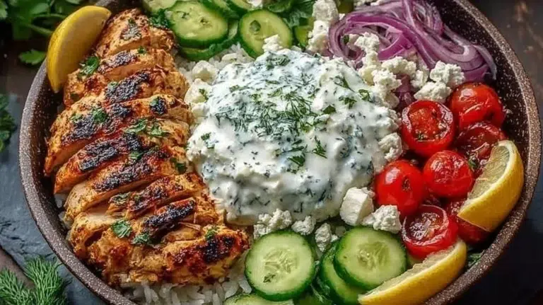 Mediterranean Chicken Bowls featuring grilled chicken, veggies, and grains