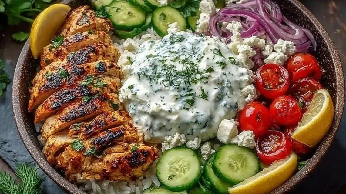 Mediterranean Chicken Bowls featuring grilled chicken, veggies, and grains