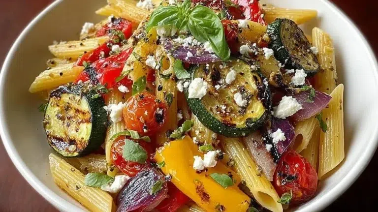Colorful Mediterranean grilled vegetable pasta salad with fresh ingredients