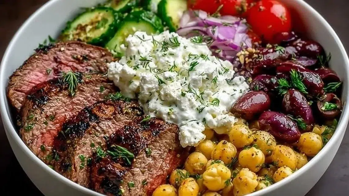 Mediterranean Steak Bowl with grilled steak, vegetables, and sauce.