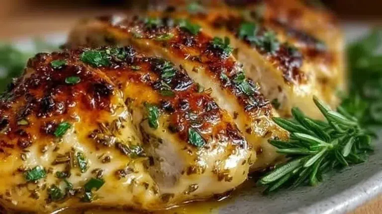 Juicy melt in your mouth chicken breast recipe served on a plate with herbs