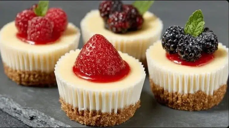 Delicious mini cheesecakes topped with fresh fruits and chocolate.
