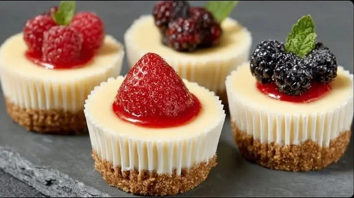 Delicious mini cheesecakes topped with fresh fruits and chocolate.