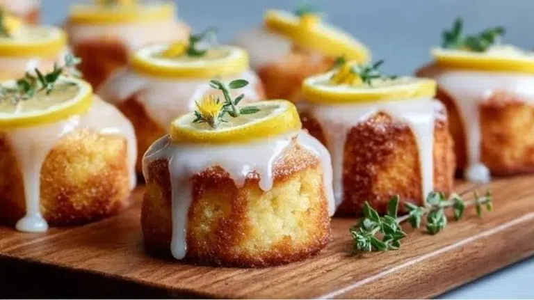 Mini lemon drizzle cakes topped with sweet glaze and lemon zest.