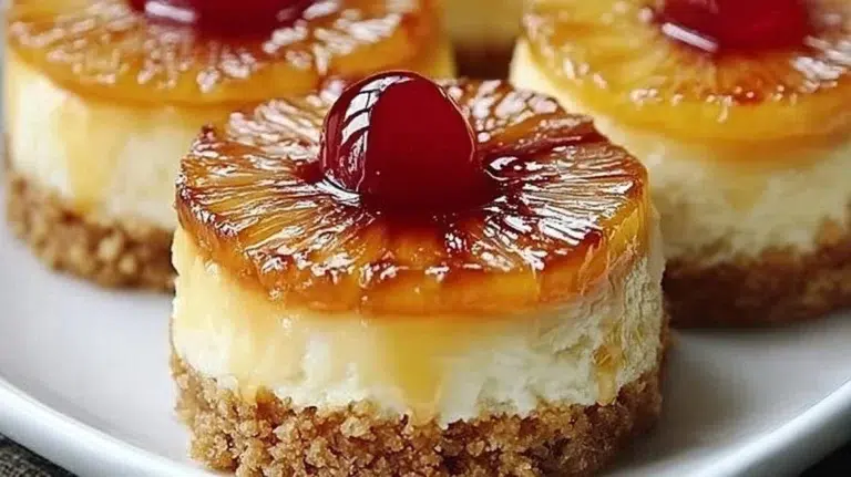 Mini Pineapple Upside-Down Cheesecakes with caramelized pineapple topping