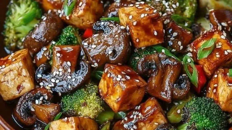 Colorful mushroom tofu stir-fry with fresh vegetables in a pan