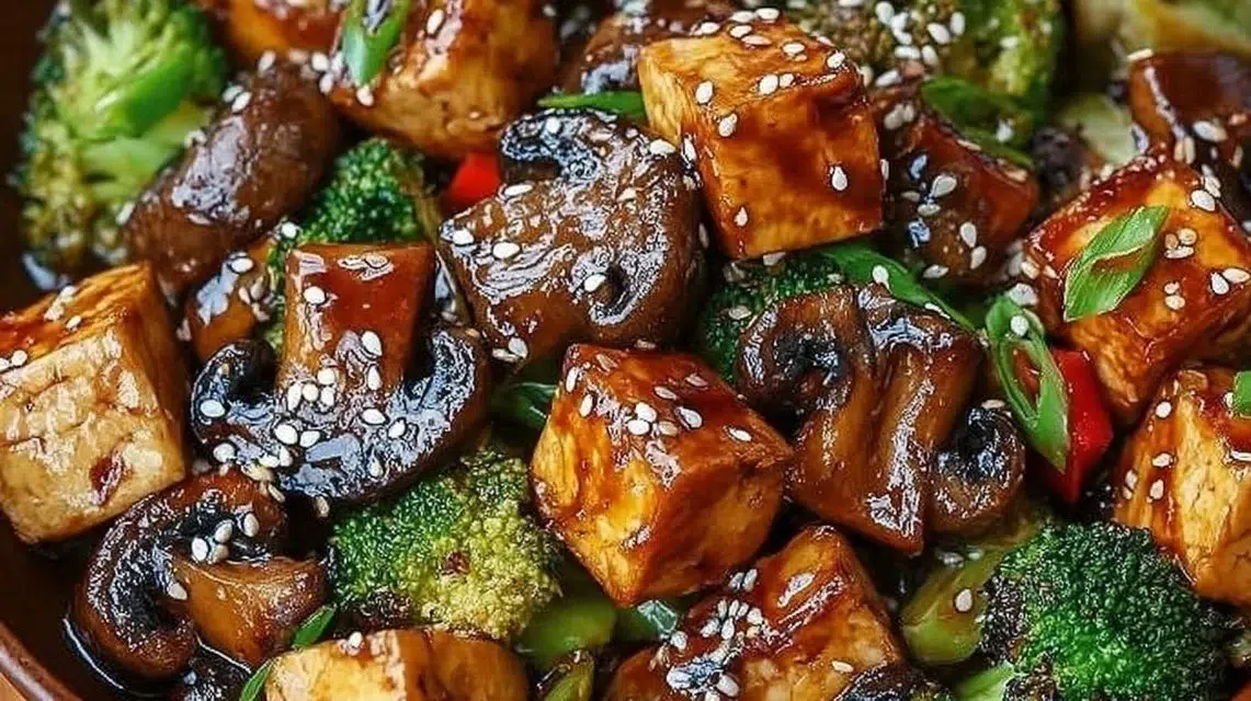Colorful mushroom tofu stir-fry with fresh vegetables in a pan