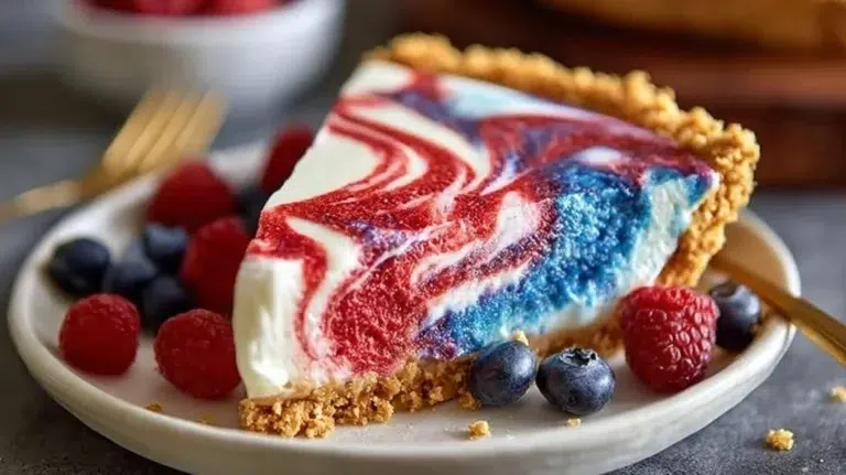 No-Bake 4th of July Swirl Pie with layers of colorful filling