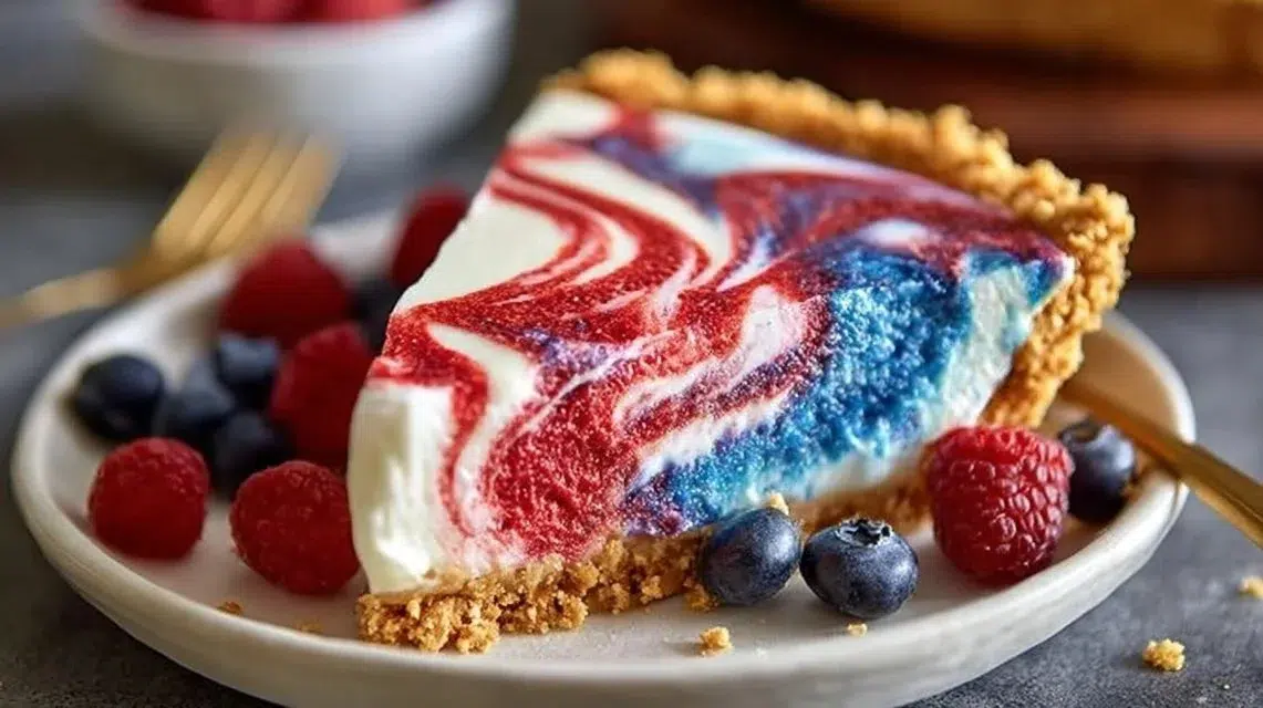 No-Bake 4th of July Swirl Pie with layers of colorful filling