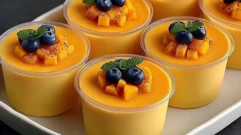 Delicious no-bake mango panna cotta dessert topped with fresh mango slices