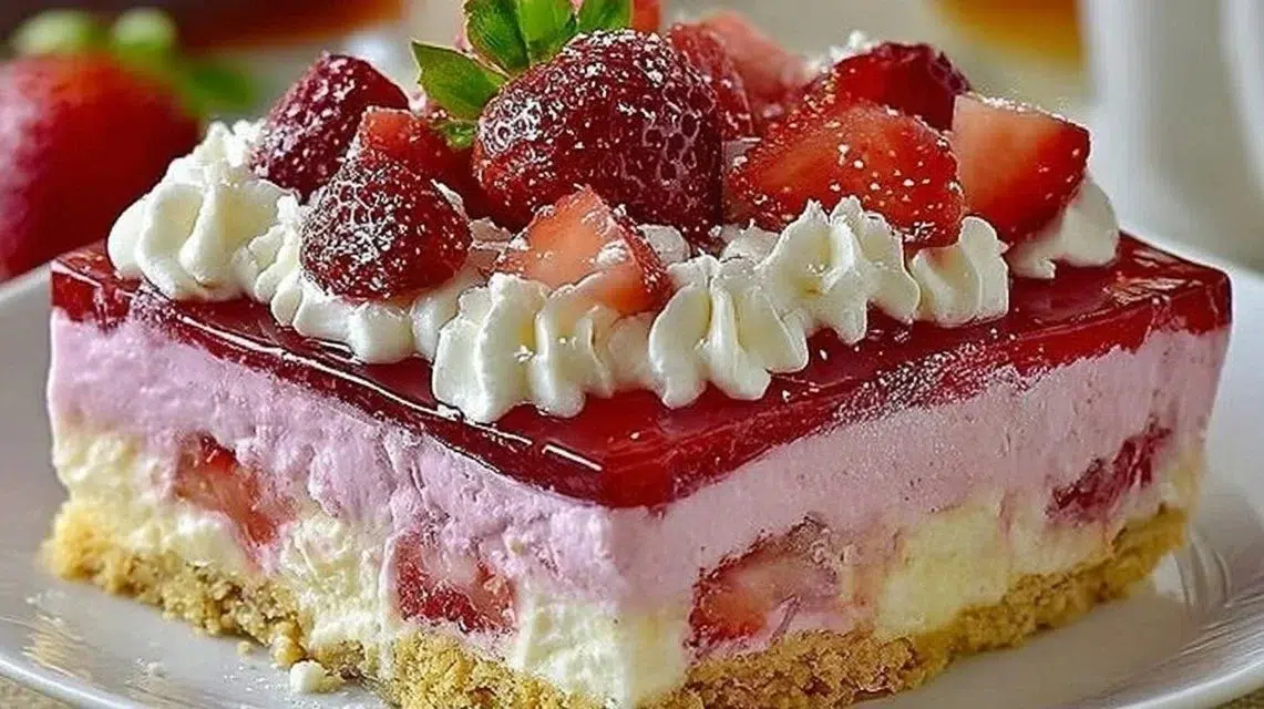 No-Bake Strawberry Jello Lasagna dessert with layers of strawberries and jello