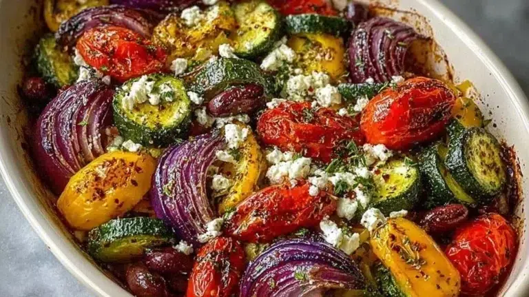 Colorful one pan Greek vegetables with herbs and spices for a healthy meal