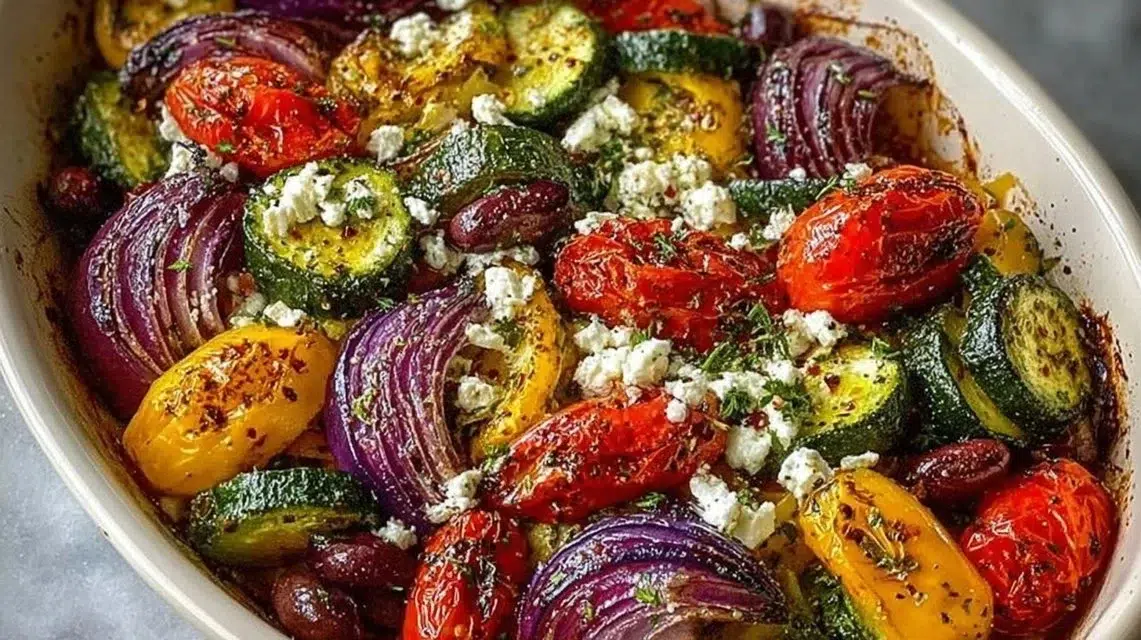 Colorful one pan Greek vegetables with herbs and spices for a healthy meal