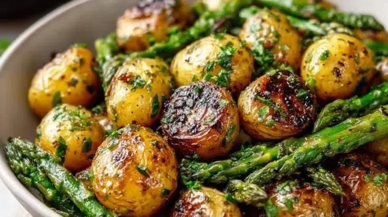 One-pan roasted garlic potatoes and asparagus baked to perfection.