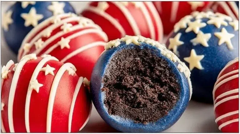 Patriotic Oreo Balls topped with red, white, and blue sprinkles for festive celebrations