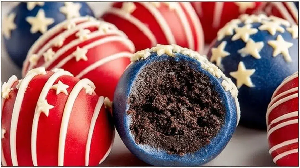 Patriotic Oreo Balls topped with red, white, and blue sprinkles for festive celebrations