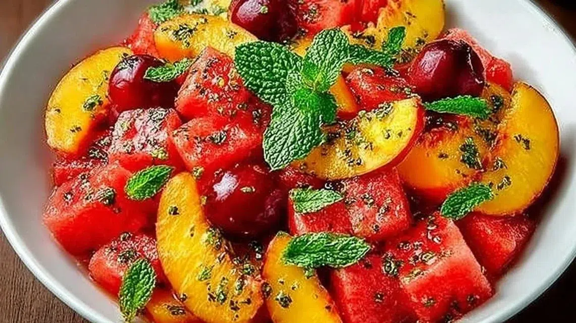 Delicious Peach Watermelon Salad with fresh peaches and watermelon chunks