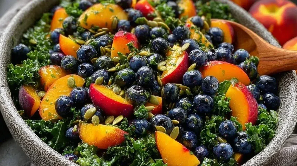 Vibrant Peach Blueberry Kale Salad with fresh peaches and blueberries