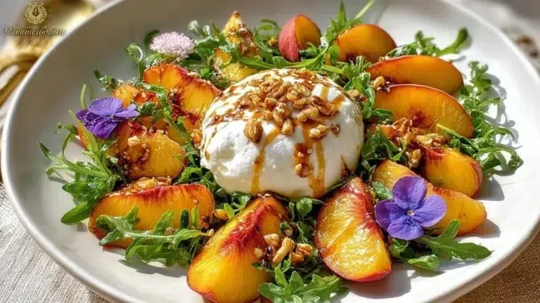 A vibrant Peach Burrata Salad featuring fresh peaches and creamy burrata cheese