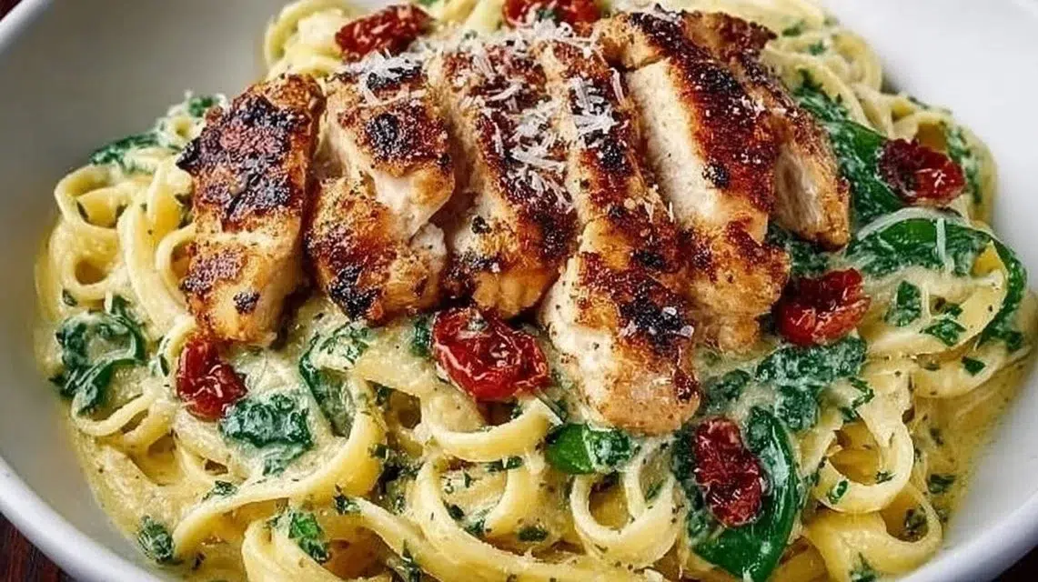 Pesto pasta with chicken served in a bowl, garnished with basil and parmesan cheese.