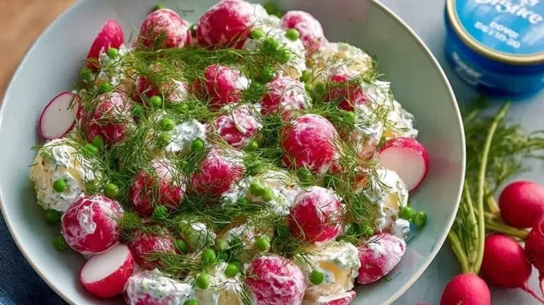 Delicious potato salad with radishes served in a bowl.