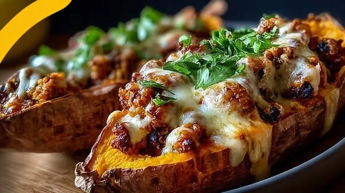 Protein loaded sweet potato boats topped with nutritious ingredients