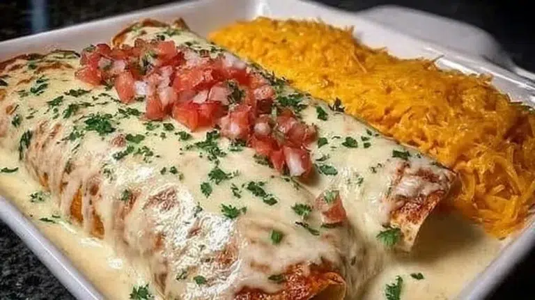 Cheesy queso chicken enchiladas topped with salsa and garnished with cilantro