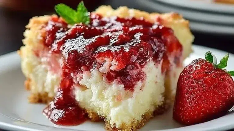 Quick and easy strawberry cheesecake dump cake with fresh strawberries.