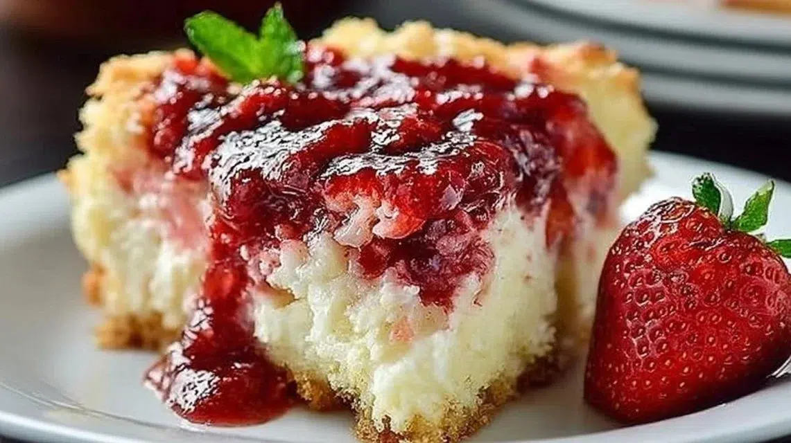 Quick and easy strawberry cheesecake dump cake with fresh strawberries.