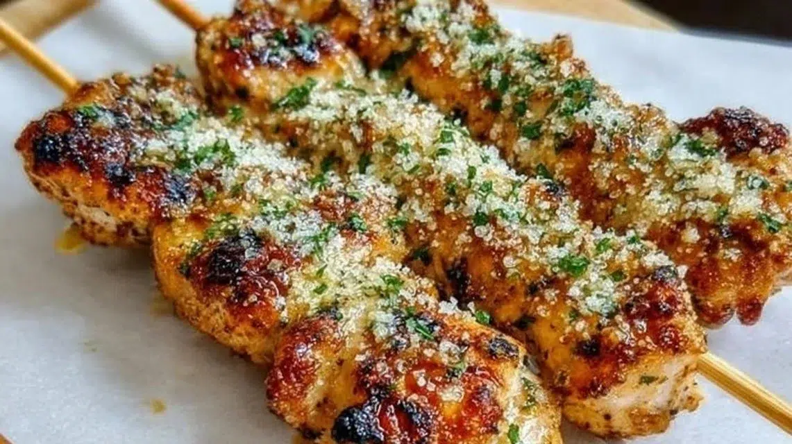 Ranch Garlic Parmesan Chicken Skewers ready to grill, showcasing garlic and parmesan flavors.