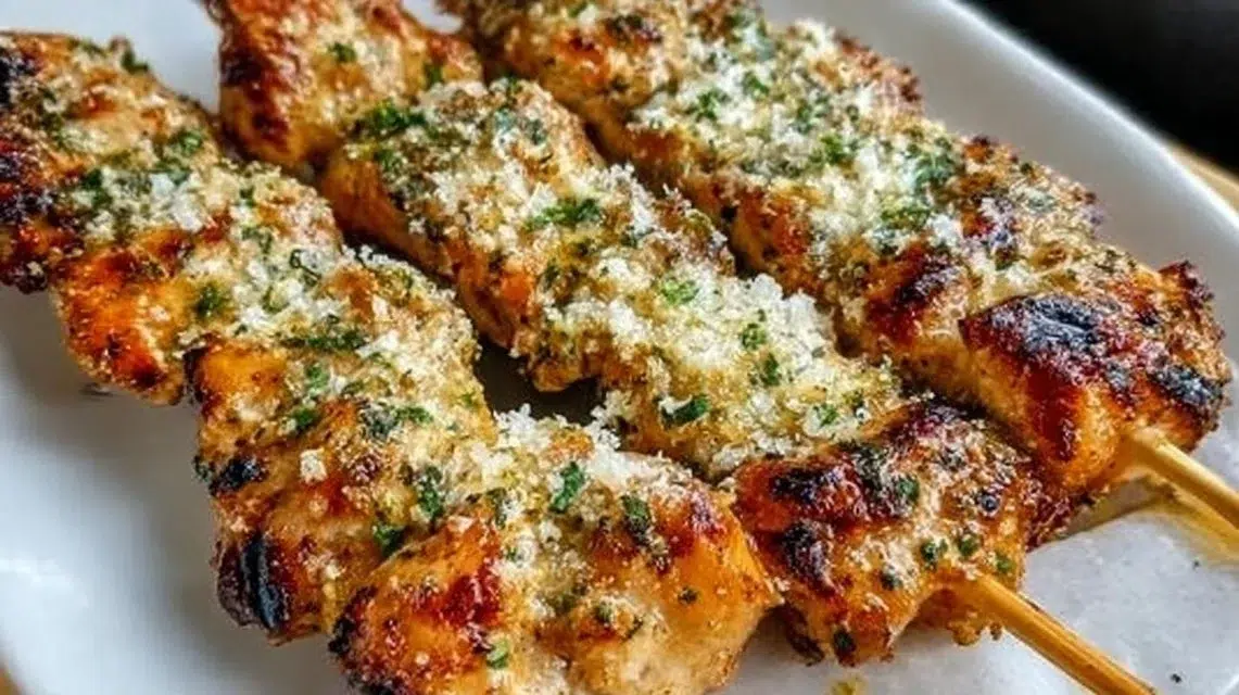 Ranch Garlic Parmesan Chicken Skewers on a serving plate