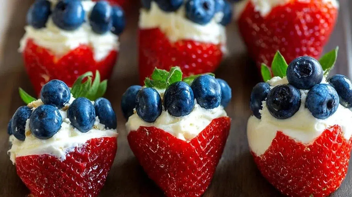 Red, White, and Blue Cheesecake Strawberries on a platter