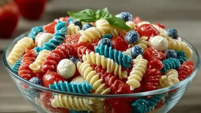 A colorful Red White and Blue Pasta Salad served in a bowl, perfect for summer celebrations.
