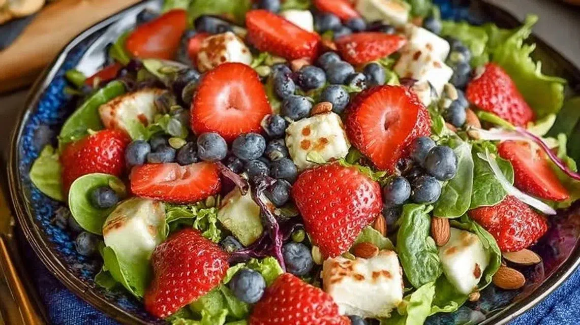 Red, White, and Blue Salad with fresh vegetables and patriotic colors