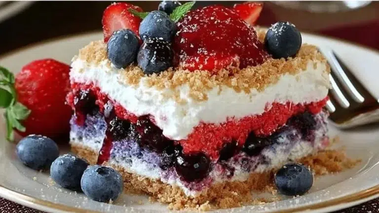 Delicious Red White & Blue Mixed Berry dessert with vibrant fruits