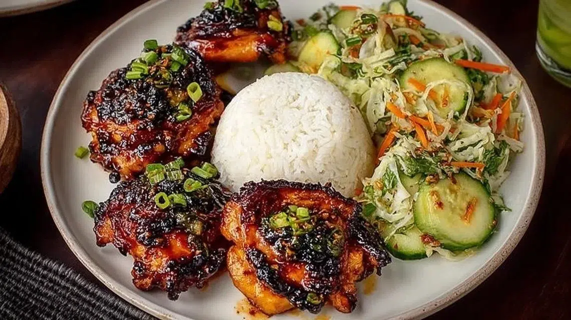 Delicious roasted miso chicken thighs garnished with herbs and served on a plate