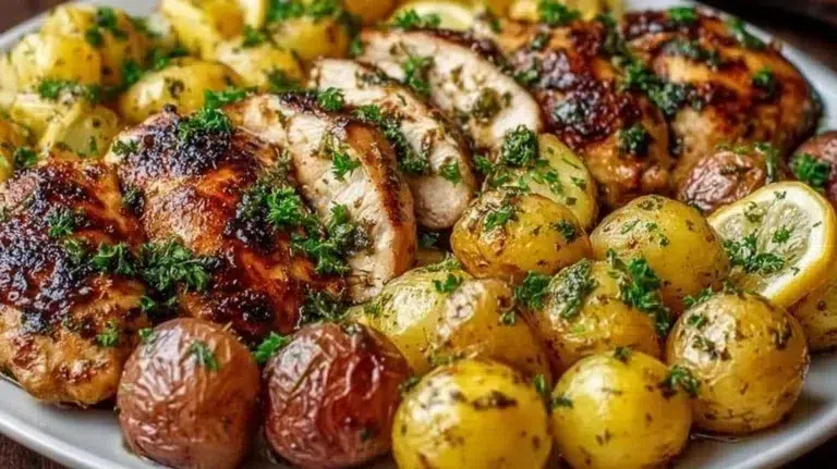 Sheet pan lemon balsamic chicken with roasted potatoes ready for dinner.
