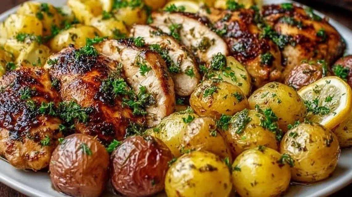 Sheet pan lemon balsamic chicken with roasted potatoes ready for dinner.