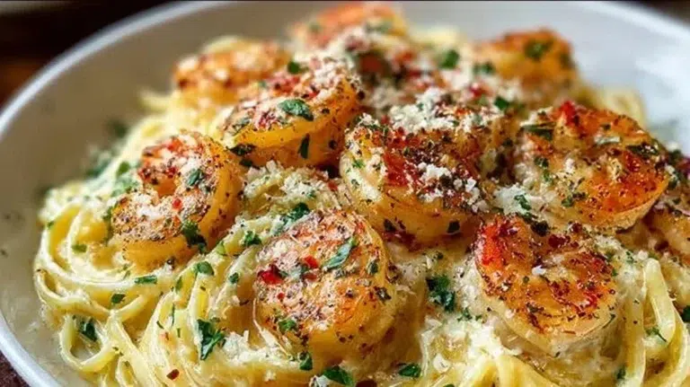 Shrimp scampi garlic cream pasta with fresh herbs and parmesan cheese